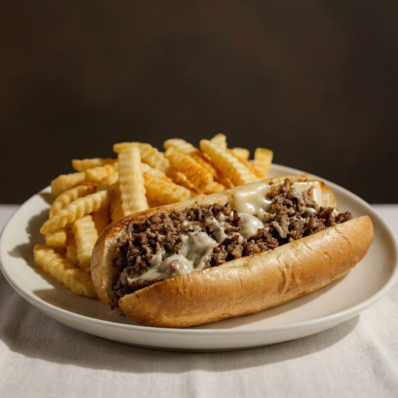 Cheesesteak sandwich with melted cheese and a side of crinkle-cut fries on a white plate.