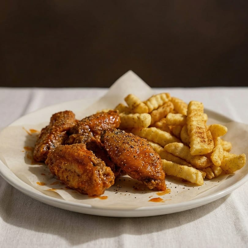 A white plate holds five saucy chicken wings seasoned with pepper, next to a pile of crinkle-cut fries.