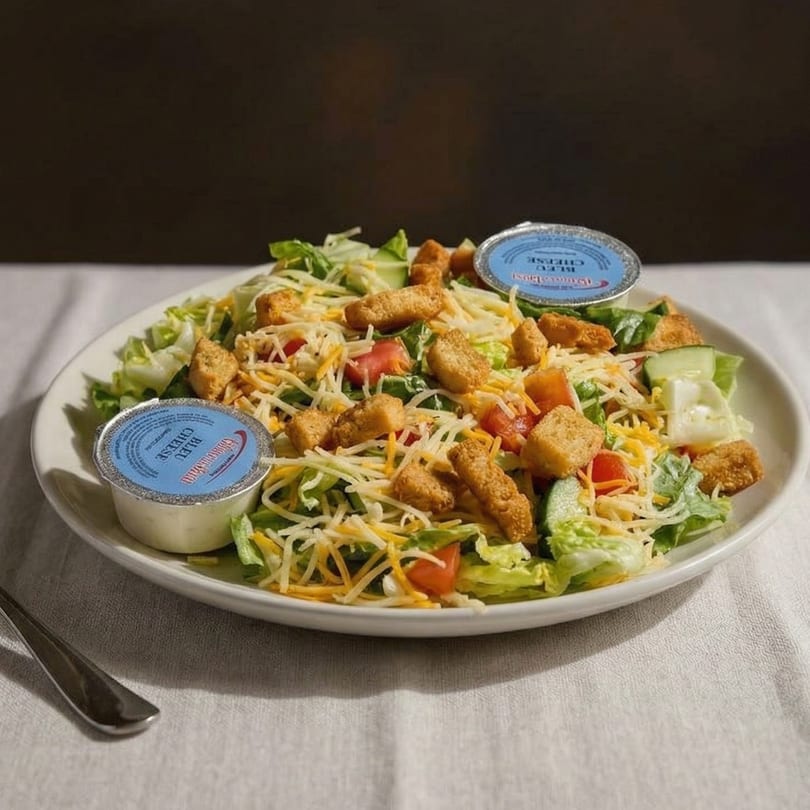 A fresh garden salad with crispy chicken, shredded cheese, tomatoes, and cucumbers, with two blue cheese dressing cups.