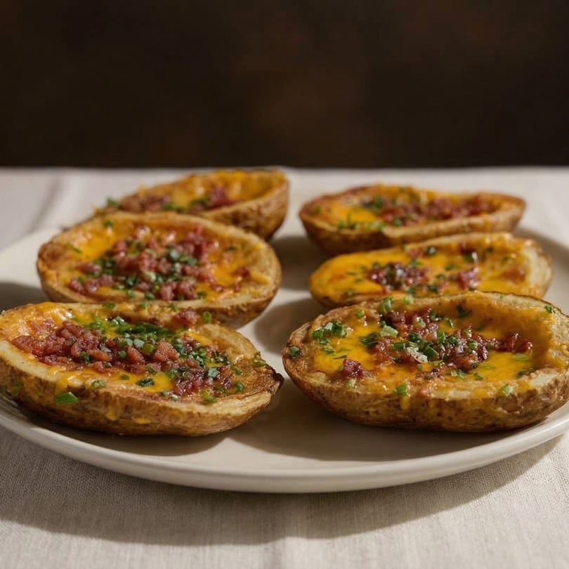 Six potato skins filled with melted cheese, bacon bits, and chives on a white plate.