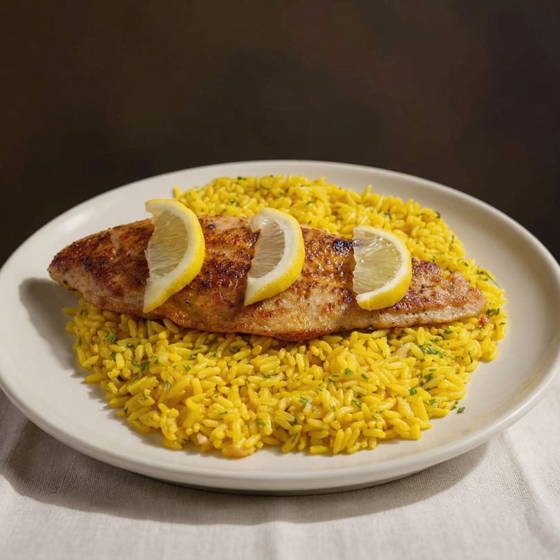 Grilled fish fillet with lemon slices on a bed of yellow rice, garnished with herbs.